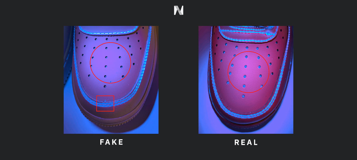 Как отличить форсы. Nike Air Force Original vs fake. Air Force 1 - UV ray Color.