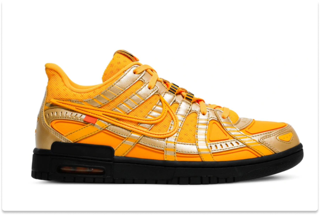 OFF‑WHITE X NIKE AIR RUBBER DUNK _UNIVERSITY GOLD_ [ALSO WORN BY WILLIAM CHAN]