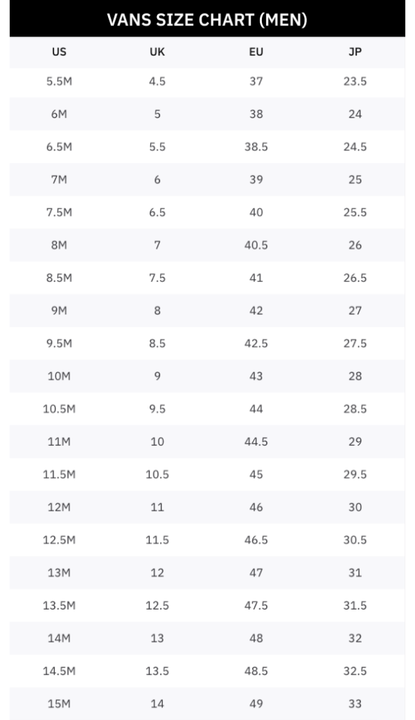 Vans Size Chart & Sizing Guide: Find Your Perfect Fit - Novelship News