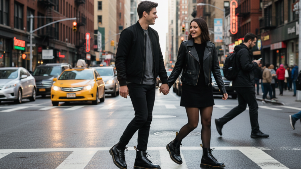 A couple walking together while wearing matching On Cloud 5 ‘All White’ sneakers
