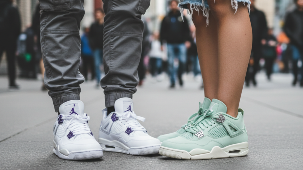 A couple walking together while wearing matching Air Jordan 4 Retro sneakers