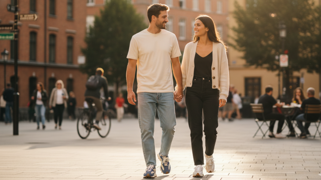 A couple walking together while wearing matching New Balance 327 sneakers