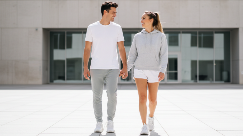 A couple walking together while wearing matching On Cloud 5 ‘All White’ sneakers