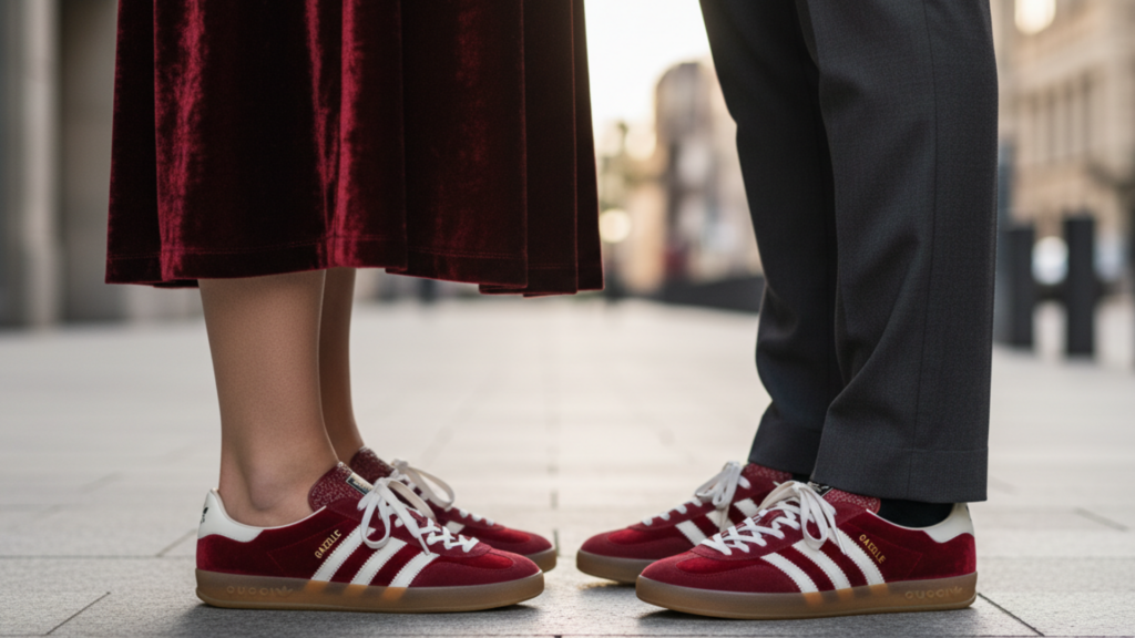 A couple walking together while wearing matching Gucci x adidas Gazelle 'Red Velvet' sneakers