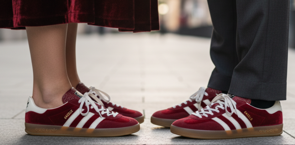 A couple walking together while wearing matching Gucci x adidas Gazelle 'Red Velvet' sneakers
