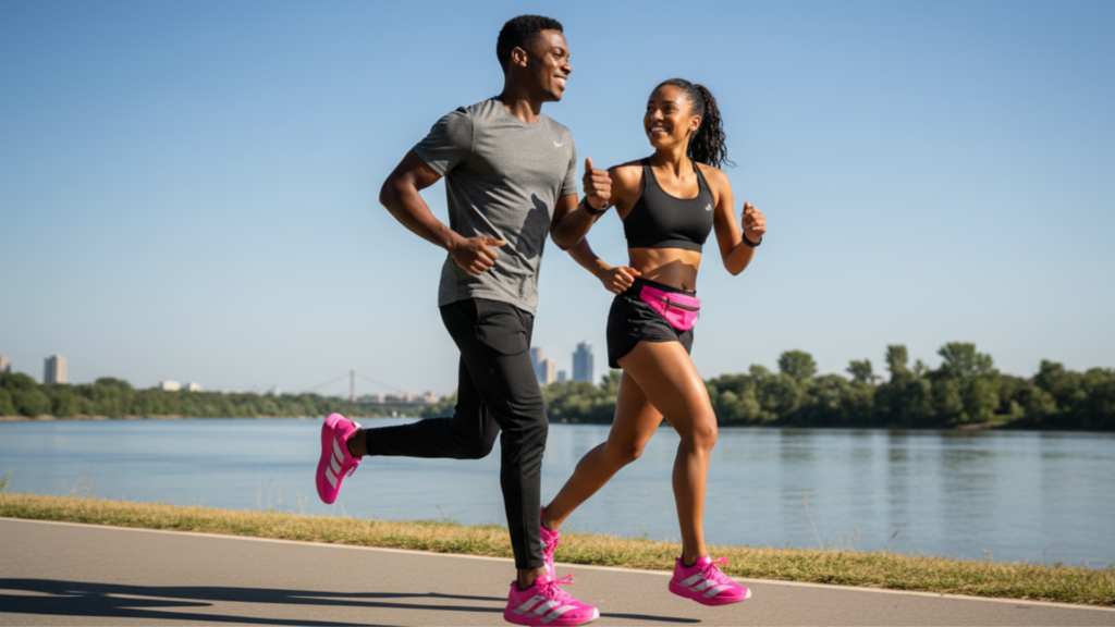 A couple walking together while wearing matching adidas Adizero Adios Pro 4 M 'Shock Pink' sneakers