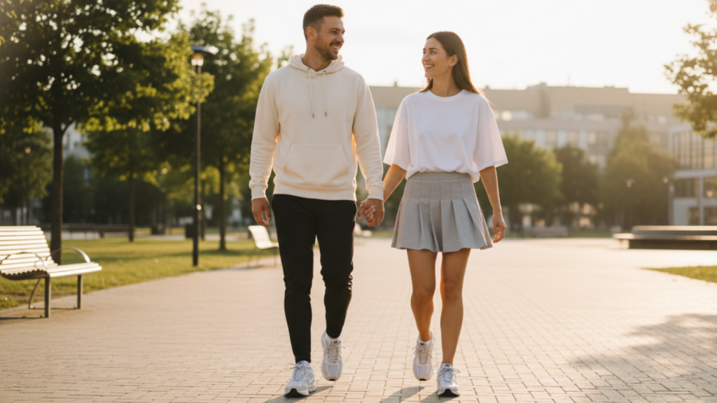 A couple walking together while wearing matching Nike Air Zoom Vomero 5 'Vast Grey' sneakers