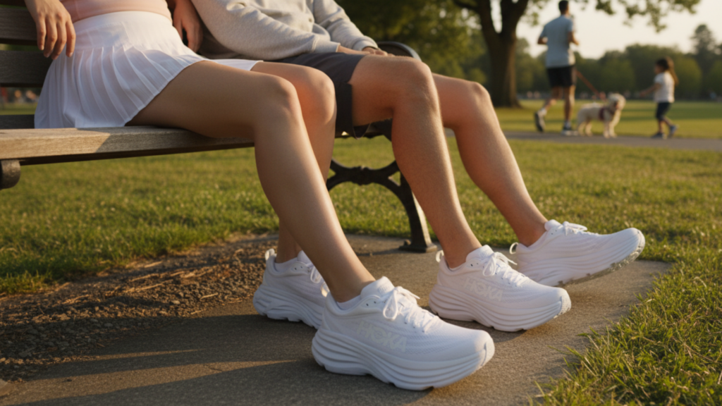 A couple walking together while wearing matching HOKA Bondi 8 'Triple White' sneakers
