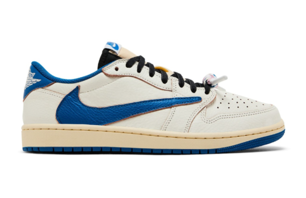 Fragment Design x Travis Scott x Air Jordan 1 Low OG SP 'Sail Military Blue' DM7866-104 This triple collab delivers a clean sail leather upper with military blue reversed Swoosh, Fragment lightning bolt, and Cactus Jack heel details for understated luxury. Key Features: Tumbled leather, embossed blue Swoosh, Nike Air cushioning, pre-aged midsole, military blue outsole. Fragment Design x Travis Scott x Air Jordan Air 1 Retro Low OG SP 'Sail Military Blue' DM7866-104