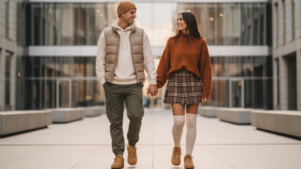 A couple walking together while wearing matching Nike Air Force 1 Low 'Flax' sneakers